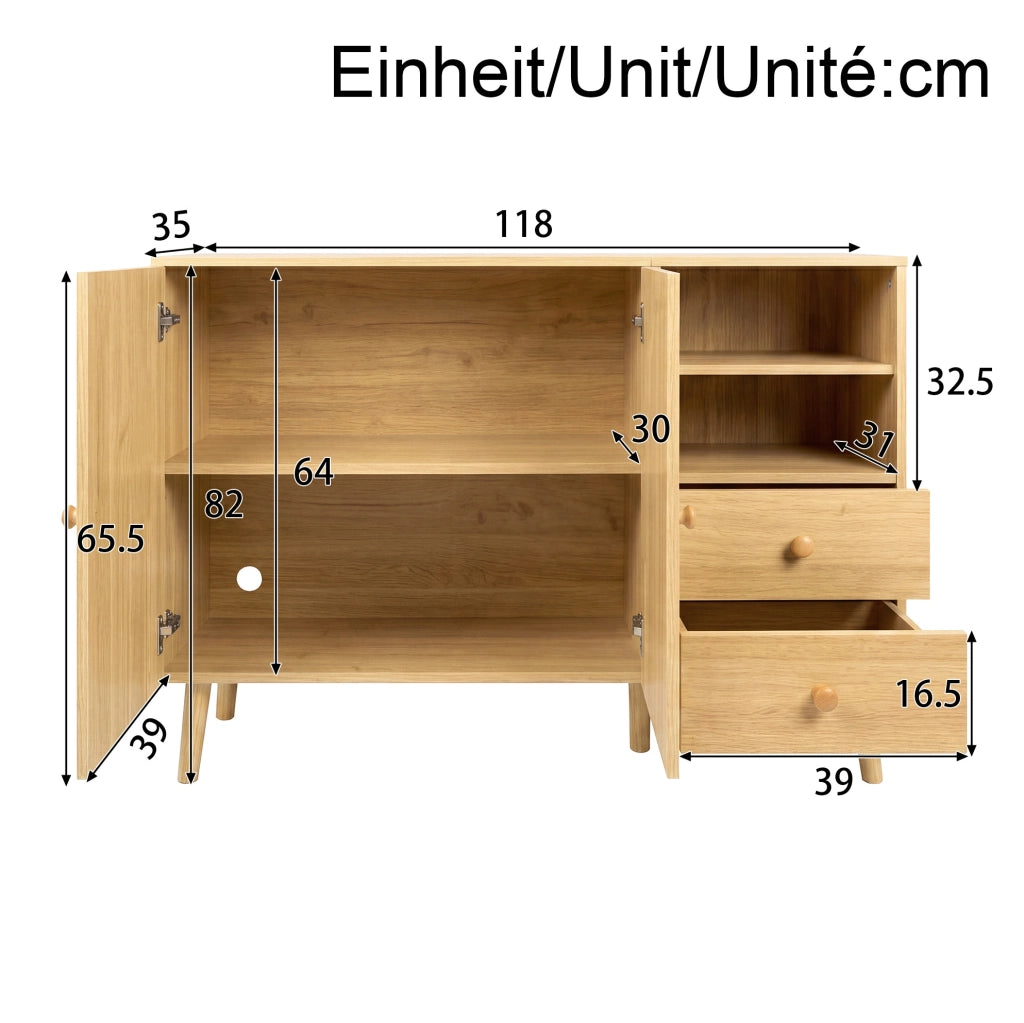 Sideboard naturale 118x35x82 cm con 2 ante e 2 cassetti