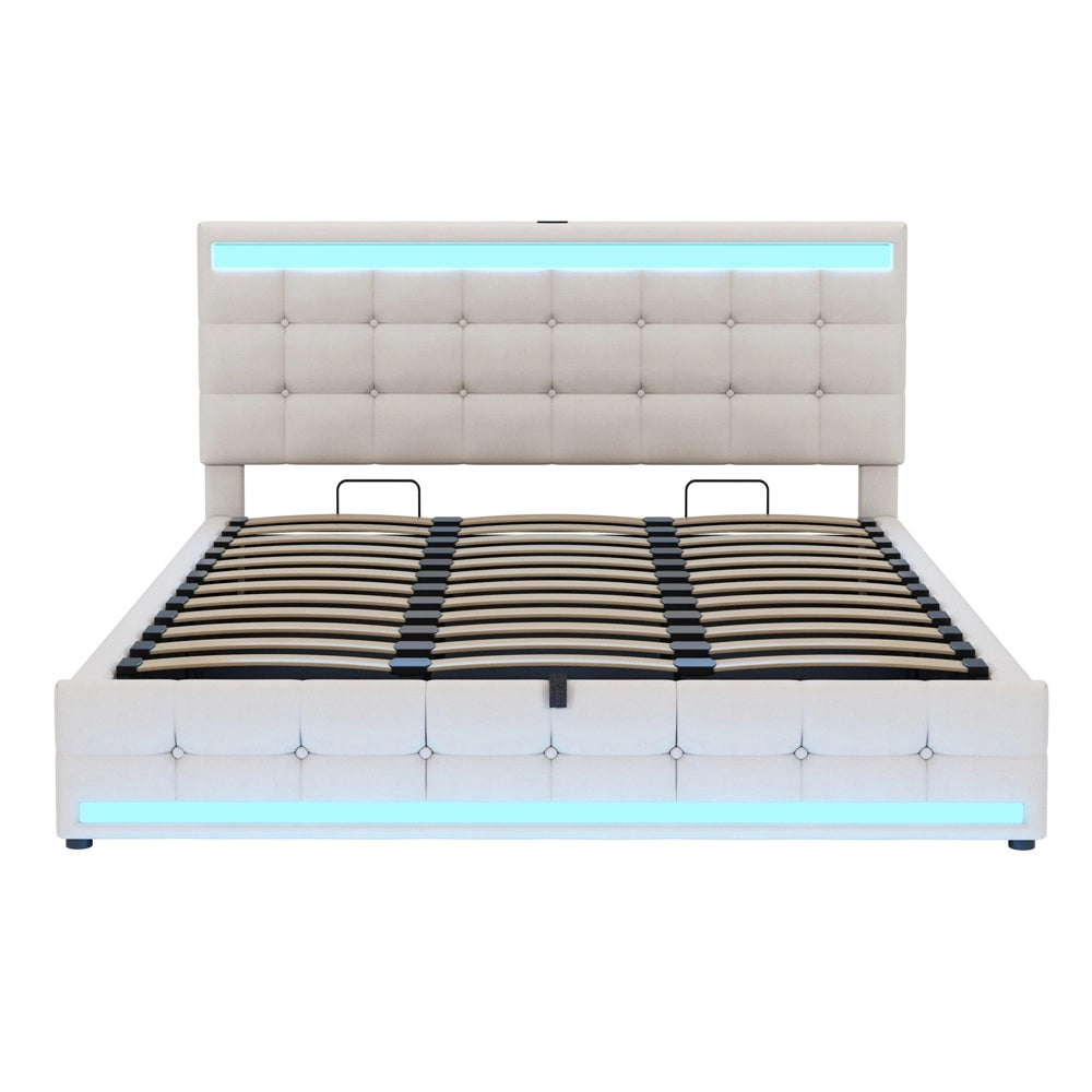 Letto bambini - Xylo - 180x200 cm LED idraulico lino beige