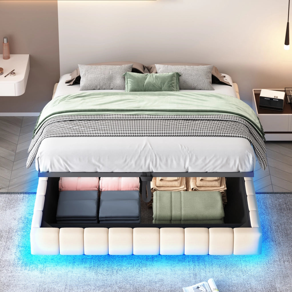 Letto imbottito sospeso 160x200 cm con contenitore e luci LED, beige