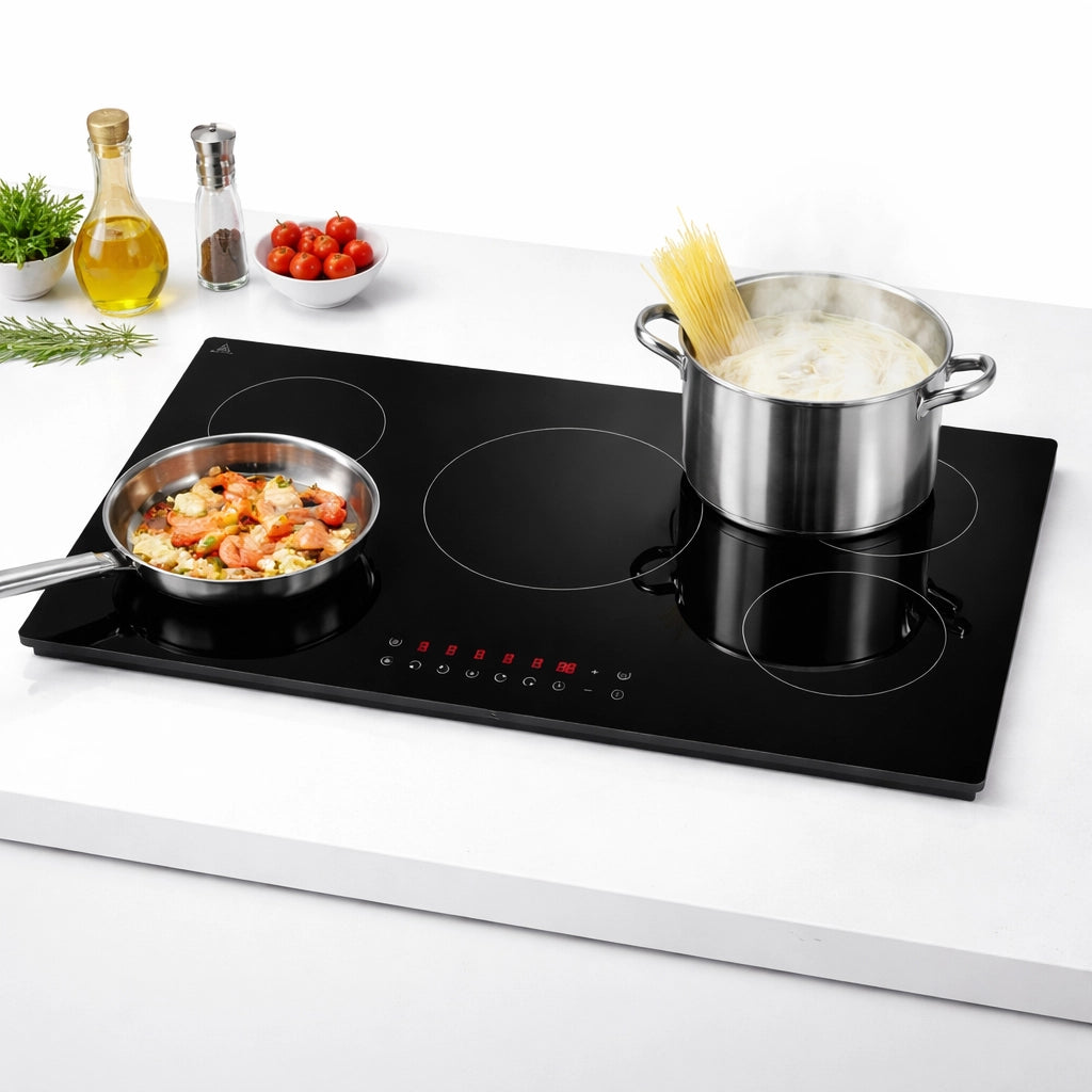 Piano Cottura Induzione 77cm 5 Fuochi Vetro Nero Touch 9 Livelli Power Boost