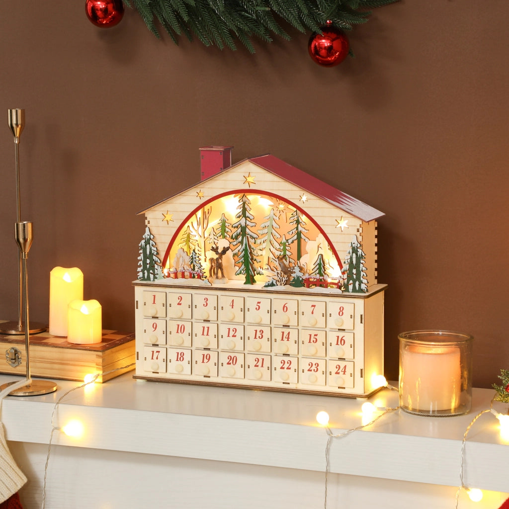 Calendario dell'Avvento in legno naturale con 24 cassetti e luci LED ¨C Xylo ¨C 36x10x34 cm