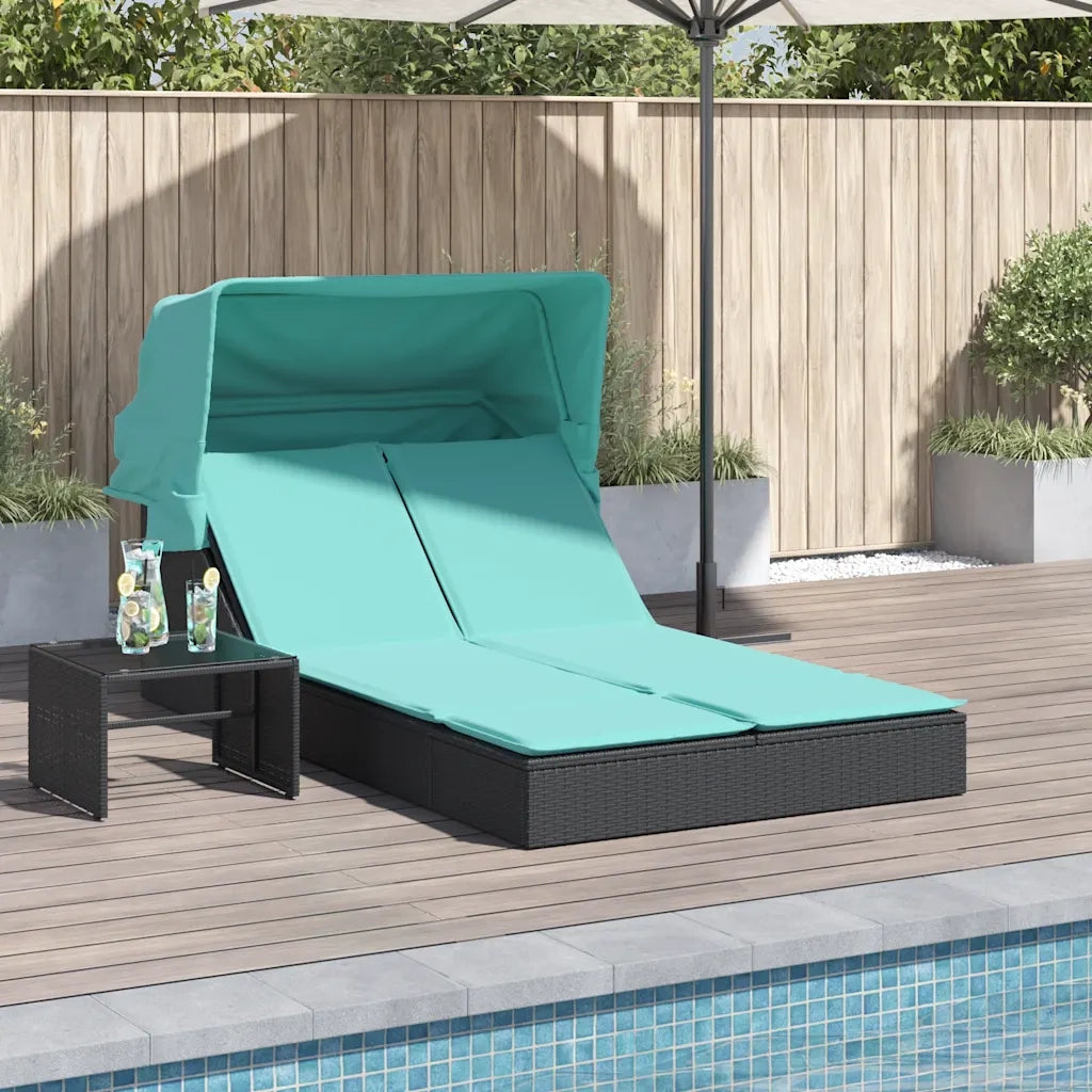 Lettino prendisole doppio con tettuccio e cuscini in Polyrattan Nero 368645