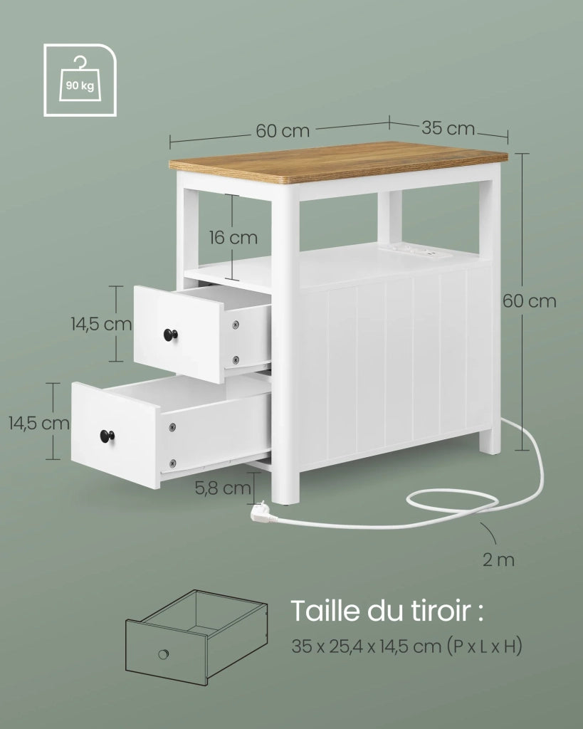 Tavolino laterale con multipresa comodino con 2 cassetti tavolino da caffè piccolo 60 x 35 x 60 cm con ripiano portaoggetti per piccoli spazi bianco 12_0007553