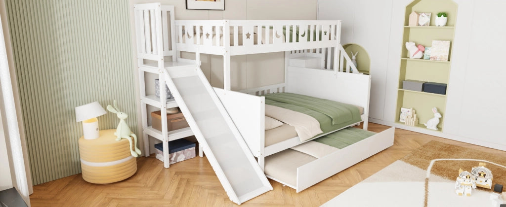 DESMIU Lit a castello per bambini 90 × 200 cm e 140 × 200 cm con scivolo, scala, vano contenitore e letto estraibile, senza materasso, bianco