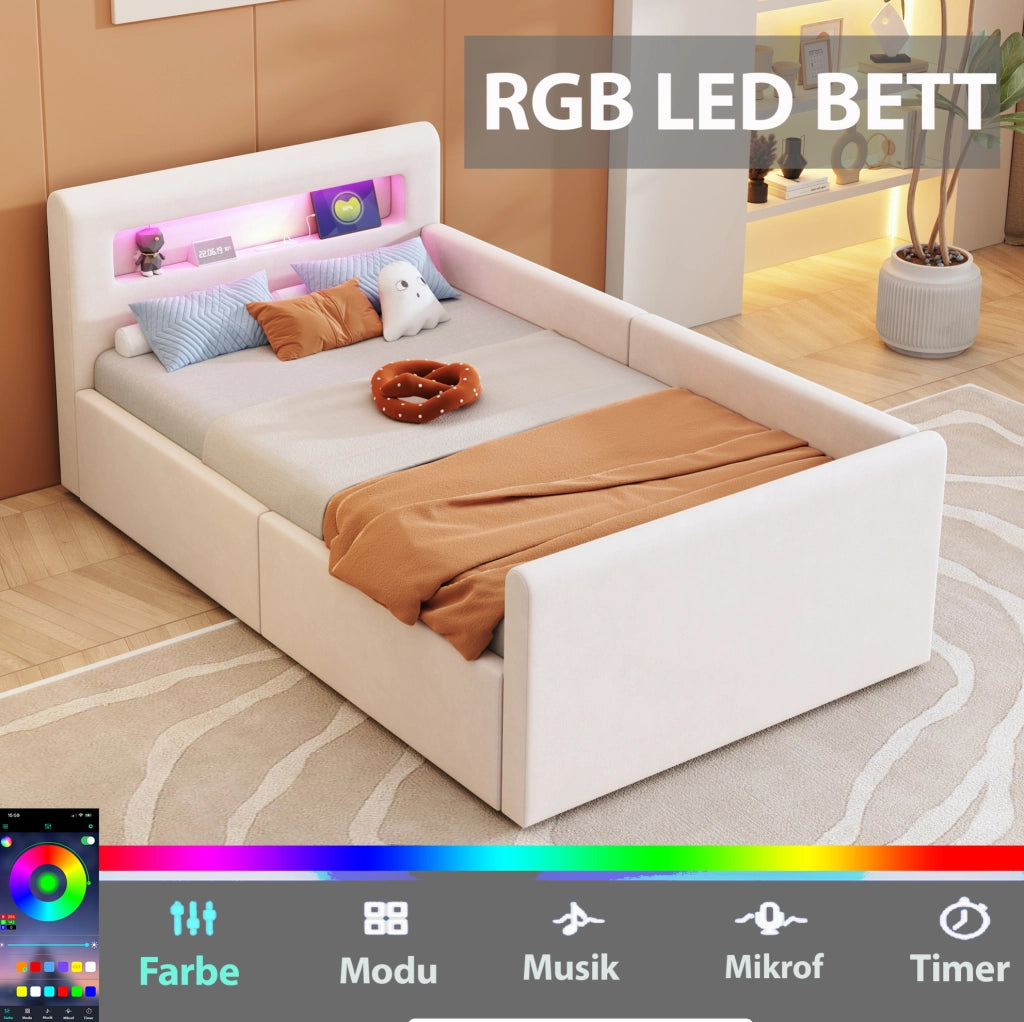 Letto imbottito per bambini 90 x 200 cm in velluto beige con LED; USB e contenitore