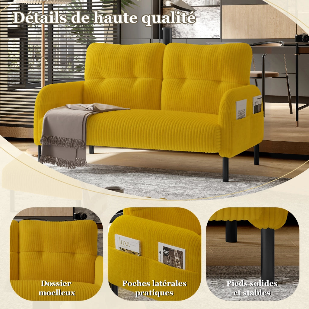 OKWISH Divano 2 Posti, Schienale Ergonomico, Tasca Laterale e Seduta Profonda, Velluto a Coste Giallo, 120 × 75 × 79 cm