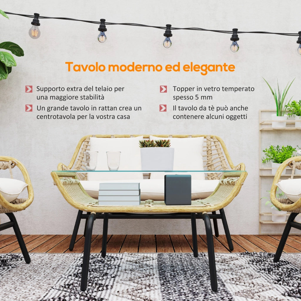 Set Salotto da Giardino Divano 2 Poltrone e Tavolino in Rattan e PE Beige