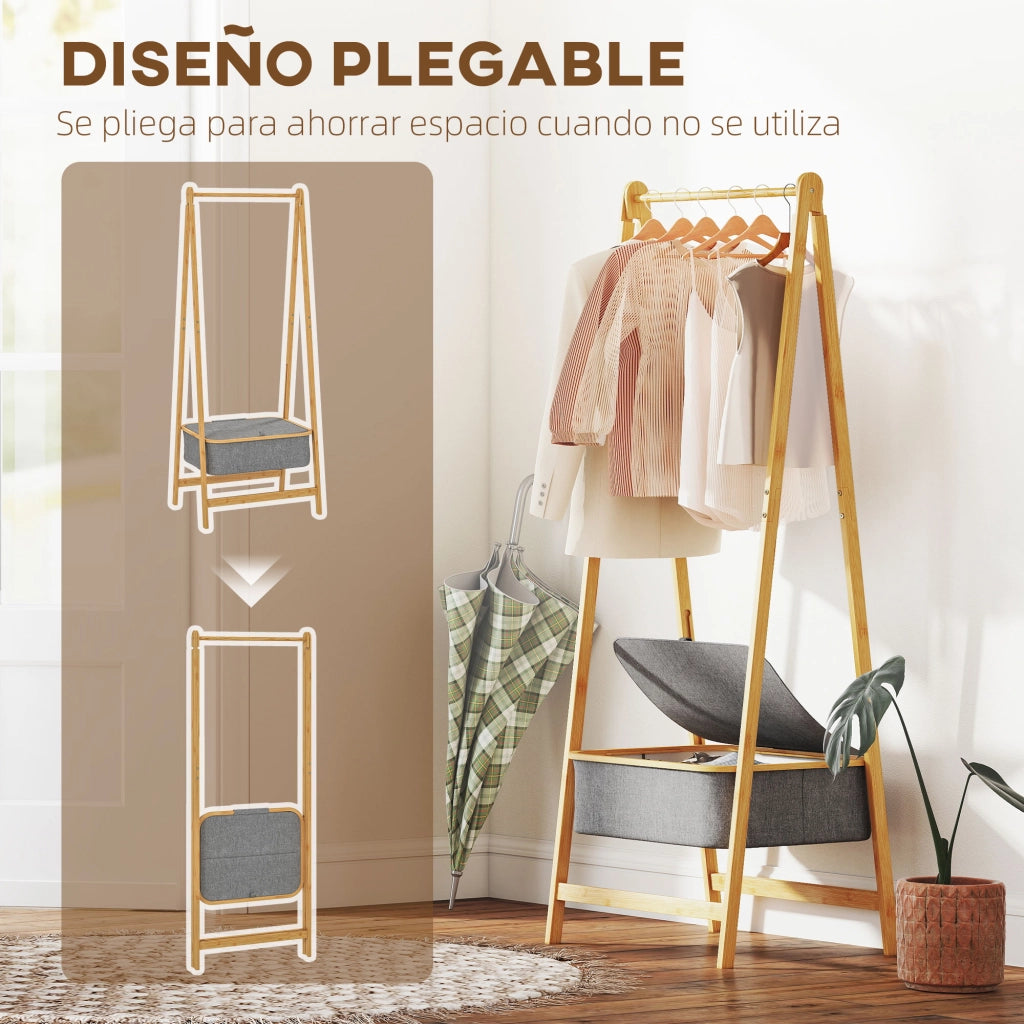Armadio Pieghevole in Bamb¨´ con Cestino in Tessuto ¨C Zephmum ¨C Grigio 60x44.5x157.5 cm