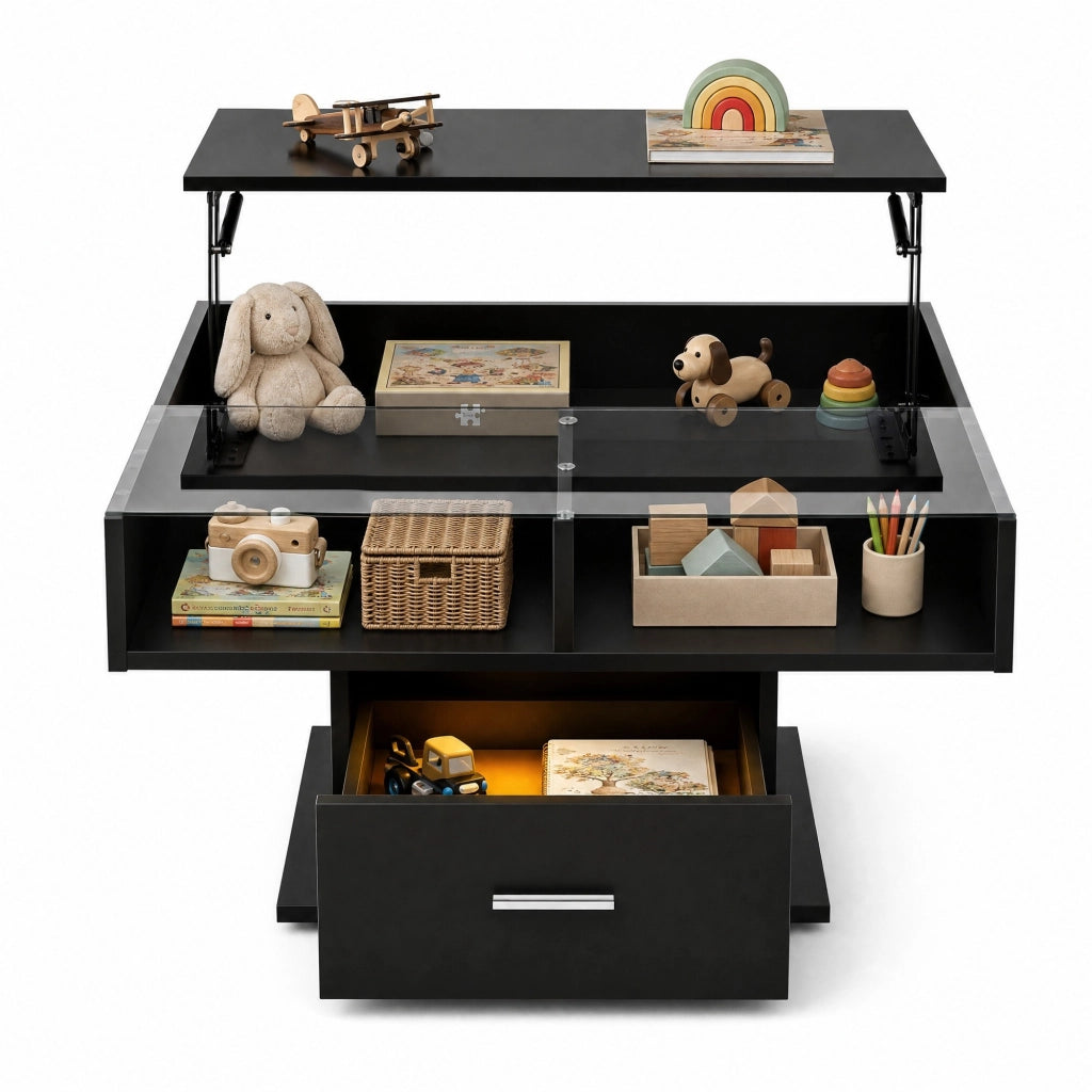Tavolino da caff猫 elevabile con LED; vano contenitore e cassetto 78x78 cm nero