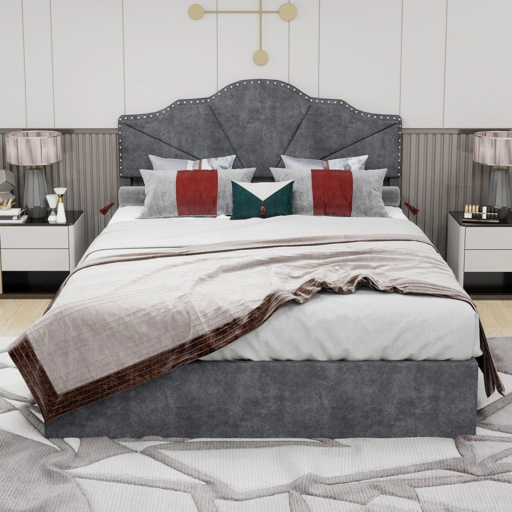 Letto Matrimoniale 140x200 cm; Testiera Geometrica in Tessuto e Metallo; Grigio