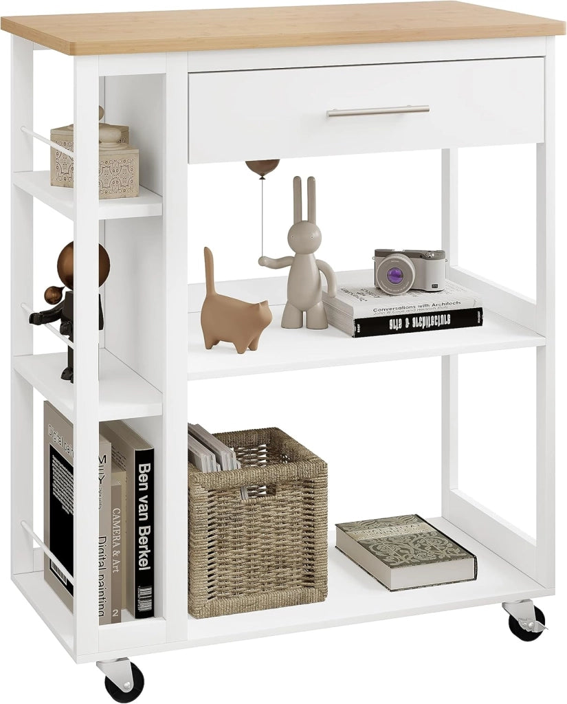 Carrello con Ruote, Isola da Cucina, Carrello Portaoggetti con Piano di Lavoro Cassetto Ripiani Aperti, Contenitore per Sala da Pranzo/Bagno/Cucina, 73x38x88 cm, Effetto Bambù + Bianco, RW051eiw