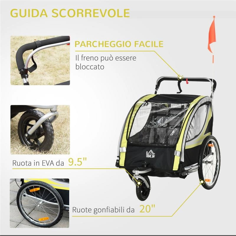 RIMORCHIO BICI E PASSEGGINO PER 2 BAMBINI CON CINTURE DI SICUREZZA E BANDIERINA