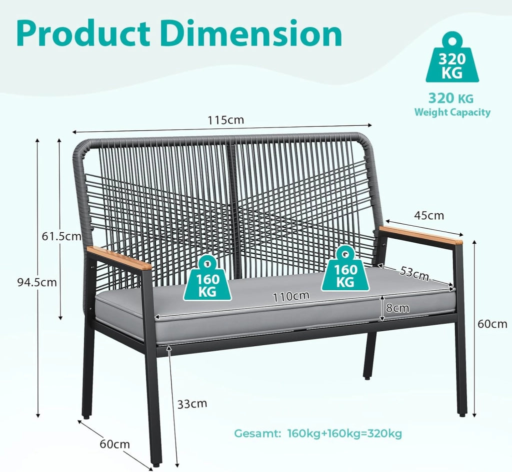 Panchina da giardino in rattan, sedia da giardino a 2 posti in polyrattan, panchina da esterno, resistente alle intemperie, braccioli in WPC, per terrazza, giardino e veranda, grigio