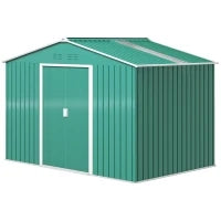 Casetta Porta Attrezzi in Acciaio con Tetto Inclinato e 2 Porte Scorrevoli, 277x195x192 cm, Verde Scuro