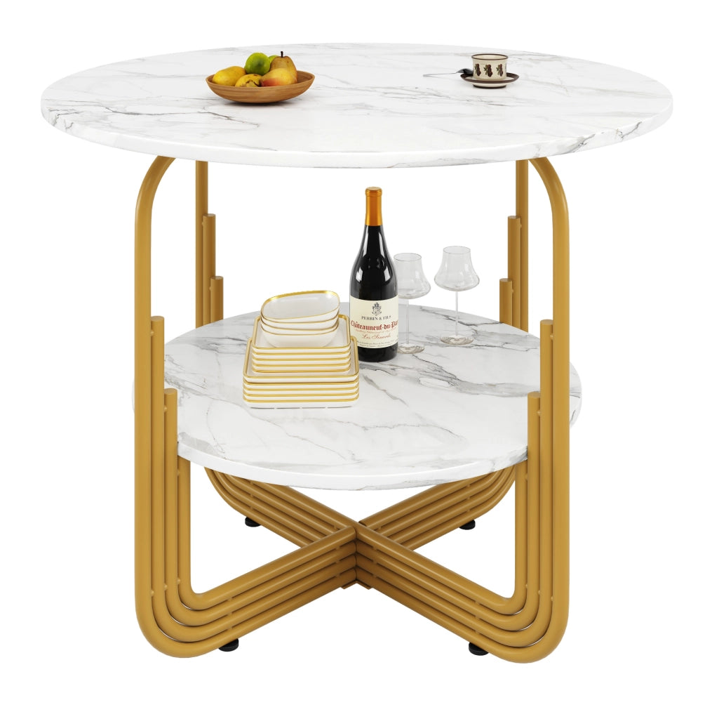 Tavolo da pranzo rotondo 80x80x76 cm in MDF effetto marmo; colore oro