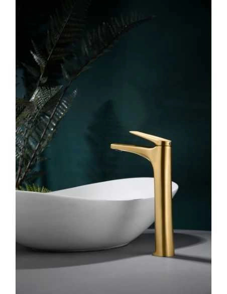 IMEX Miscelatore monocomando per lavabo alto in ottone con finitura oro spazzolato cartuccia ceramica Ø28 mm altezza 288 mm canna 175 mm set 2 flessibili 3-8 inclusi – Modello BDD055-3OC
