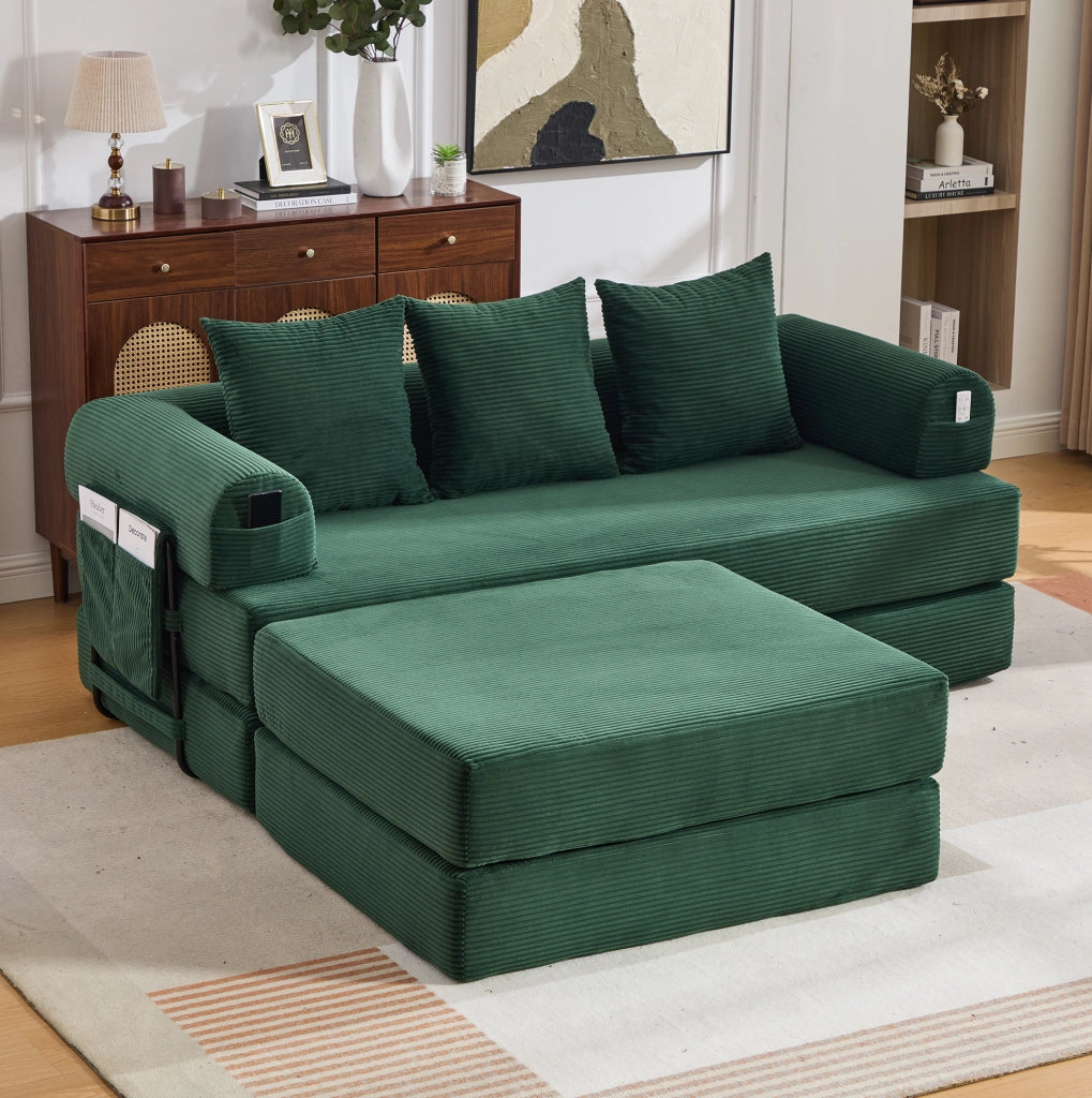 Divano modulare in corduroy con pouf; 200x190x67 cm; verde smeraldo