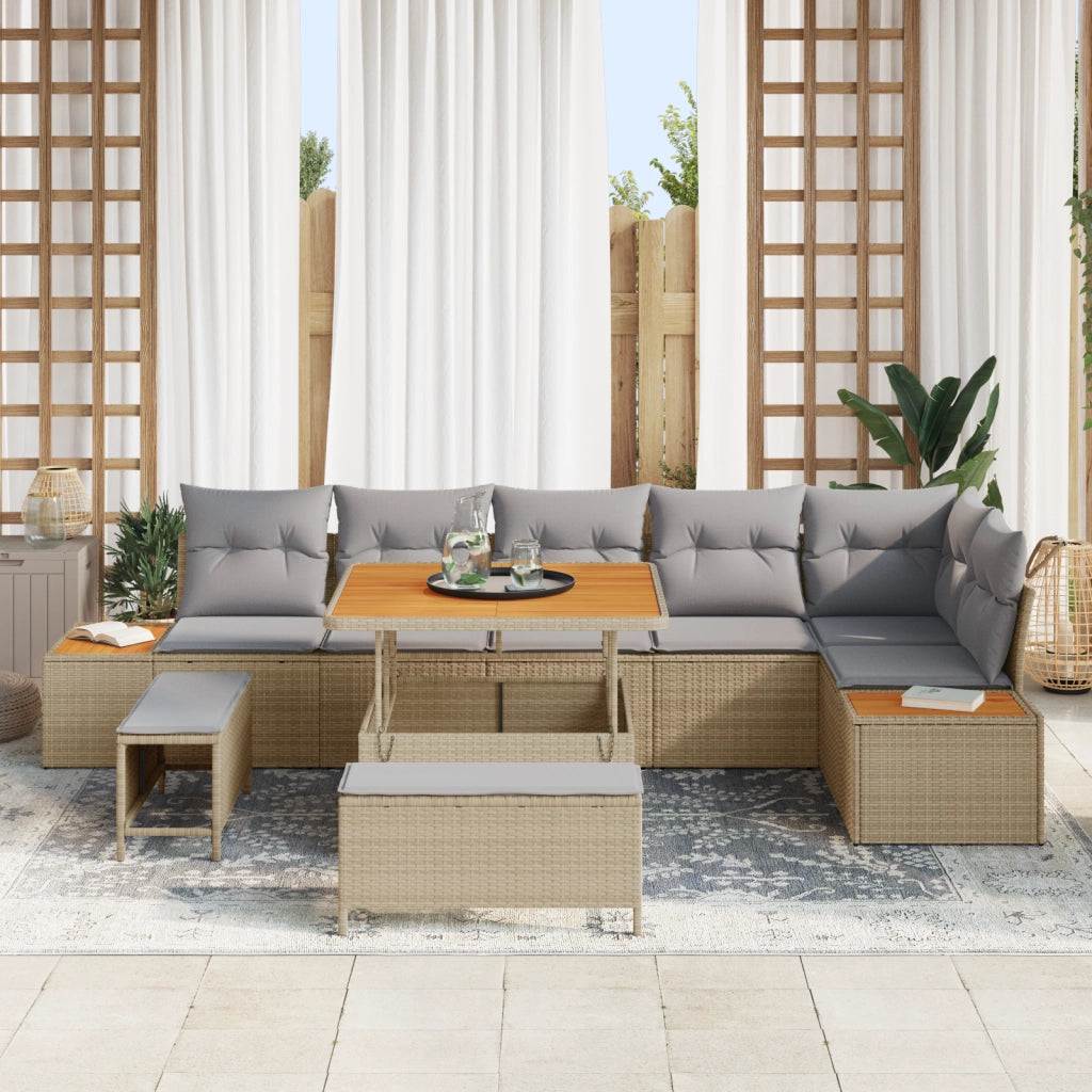 Set Divano da Giardino 9 Pezzi con Cuscini Beige Poly Rattan Acacia