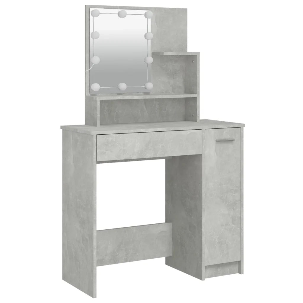 Set Tavolo da Toeletta | Tavolo da Trucco Grigio Cemento con LED Legno Multistrato