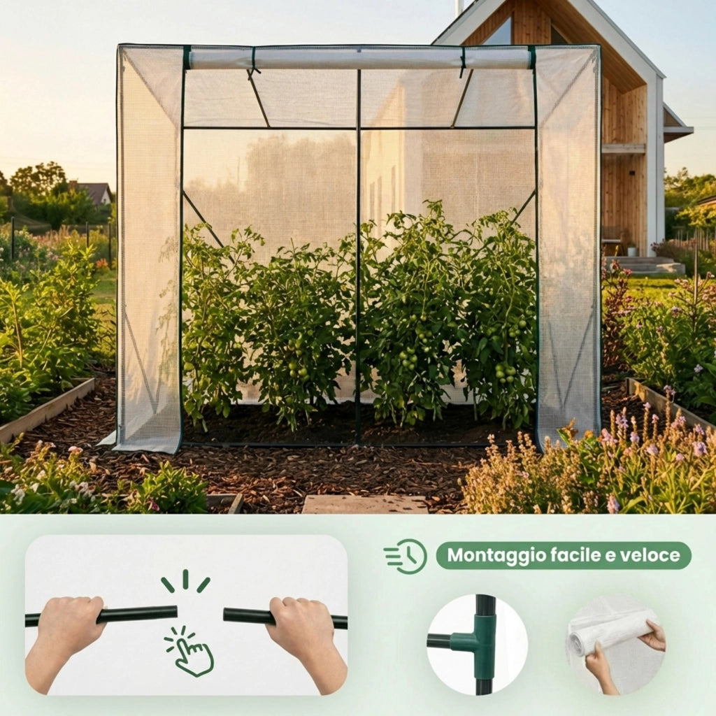 Serra da giardino a casetta con struttura in metallo e telo in PE 1 porta 2 finestre Bianco 202x80x170 cm