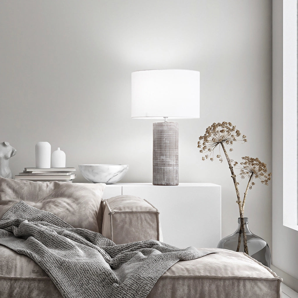 Lampada Tavolo Contemporanea Tribale Ceramica Cemento Tessuto Bianco 1 Luce E27
