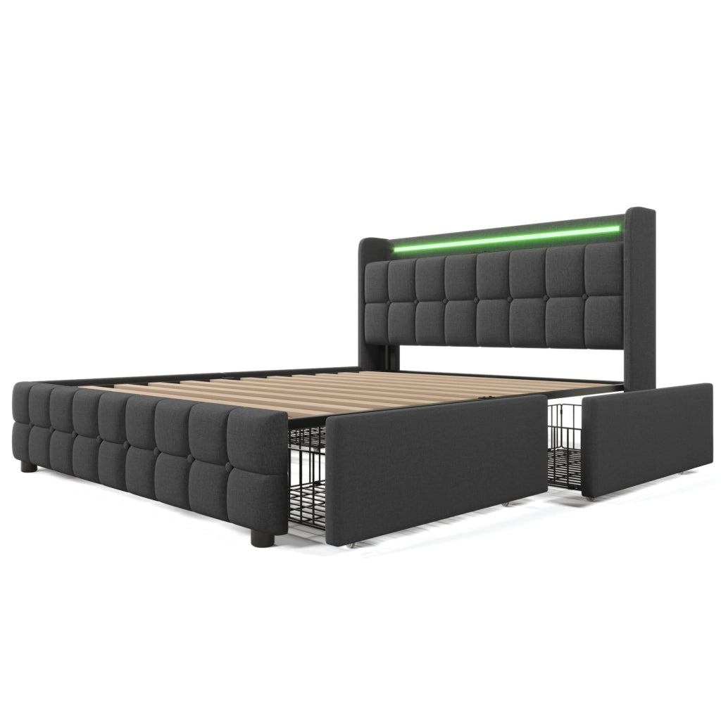 Letto matrimoniale 140x200 cm con USB; prese elettriche; LED e 4 cassetti; grigio