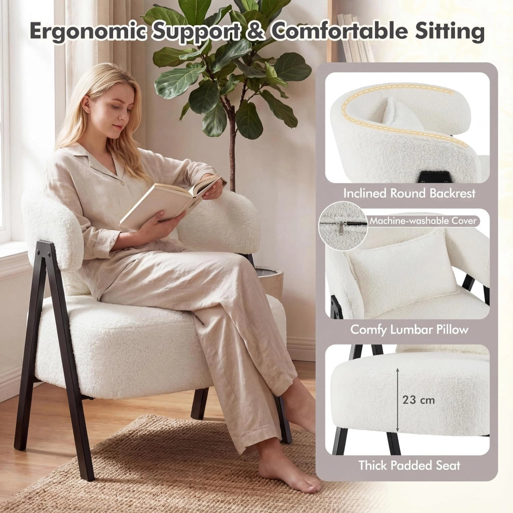 Poltrona da Salotto, Poltrona Imbottita Confortevole con Schienale Curvo e Cuscino Lombare, Piedi in Metallo Solidi, Sedia Relax per Angolo Lettura, Salotto, Camera da Letto (Bianco)