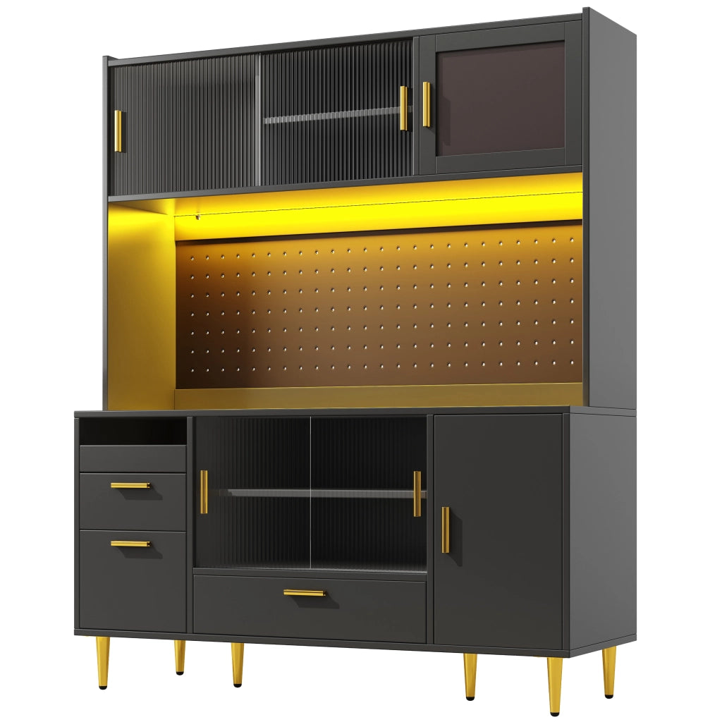 Buffet con LED, Ante Scorrevoli in Vetro e Lochwand ¨C MINIMAL ¨C Nero Lucido, 180cm