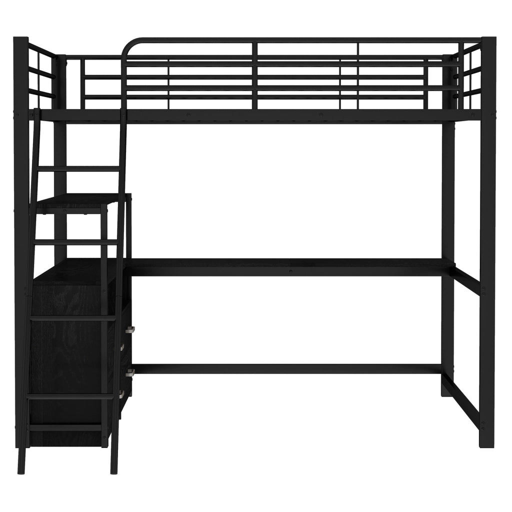 LETTO a soppalco 140x200 cm in metallo e MDF nero con scrivania a L
