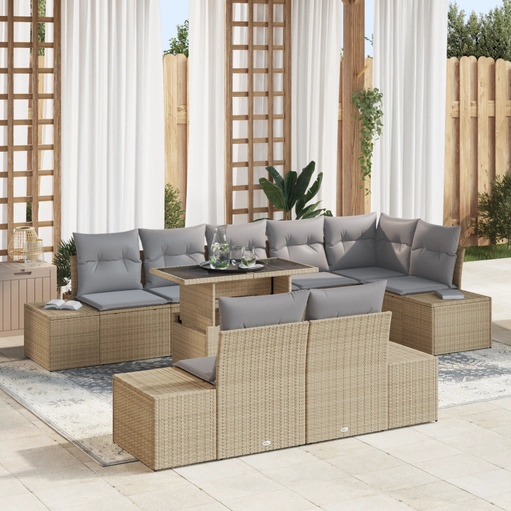 Set divano da giardino 9 pezzi con cuscini beige in polirattan