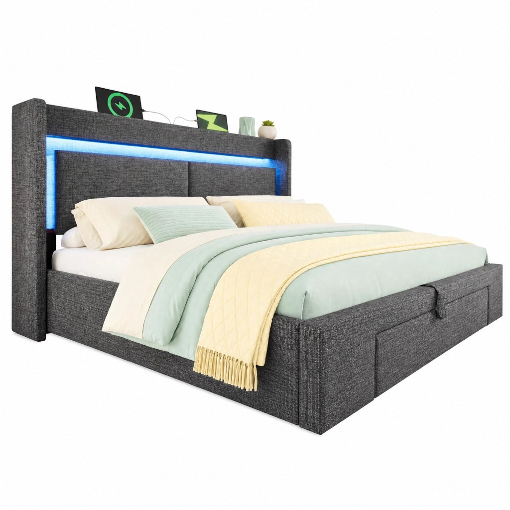 Letto imbottito 180x200 cm con contenitore idraulico; testiera con USB; USB-C e LED; grigio