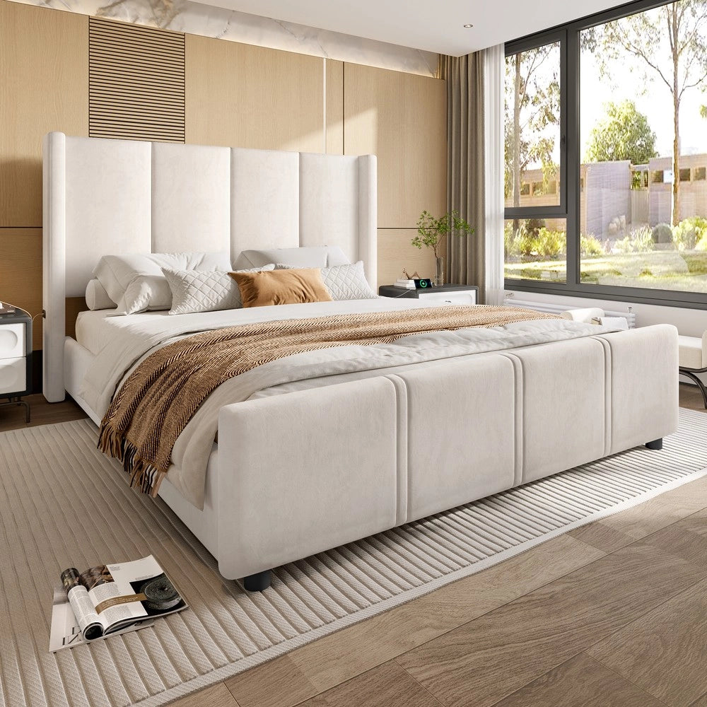 Letto Imbottito con Testiera e Pediera ¨C MINIMAL ¨C Beige, Metallo e Legno, 140x200