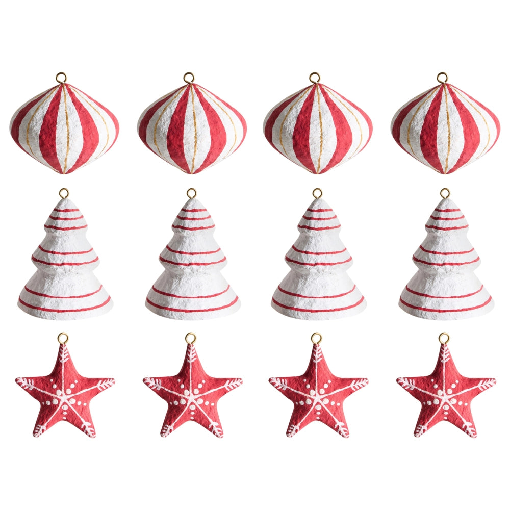 Set di 12 decorazioni natalizie per l'albero di Natale bianche e rosse  Decorazioni in cartapesta da appendere Decorazioni per Natale