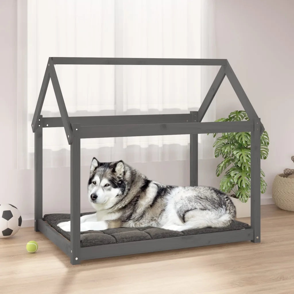 Cuccia per Cani Grigia 111x80x100 cm in Legno Massello di Pino 822219