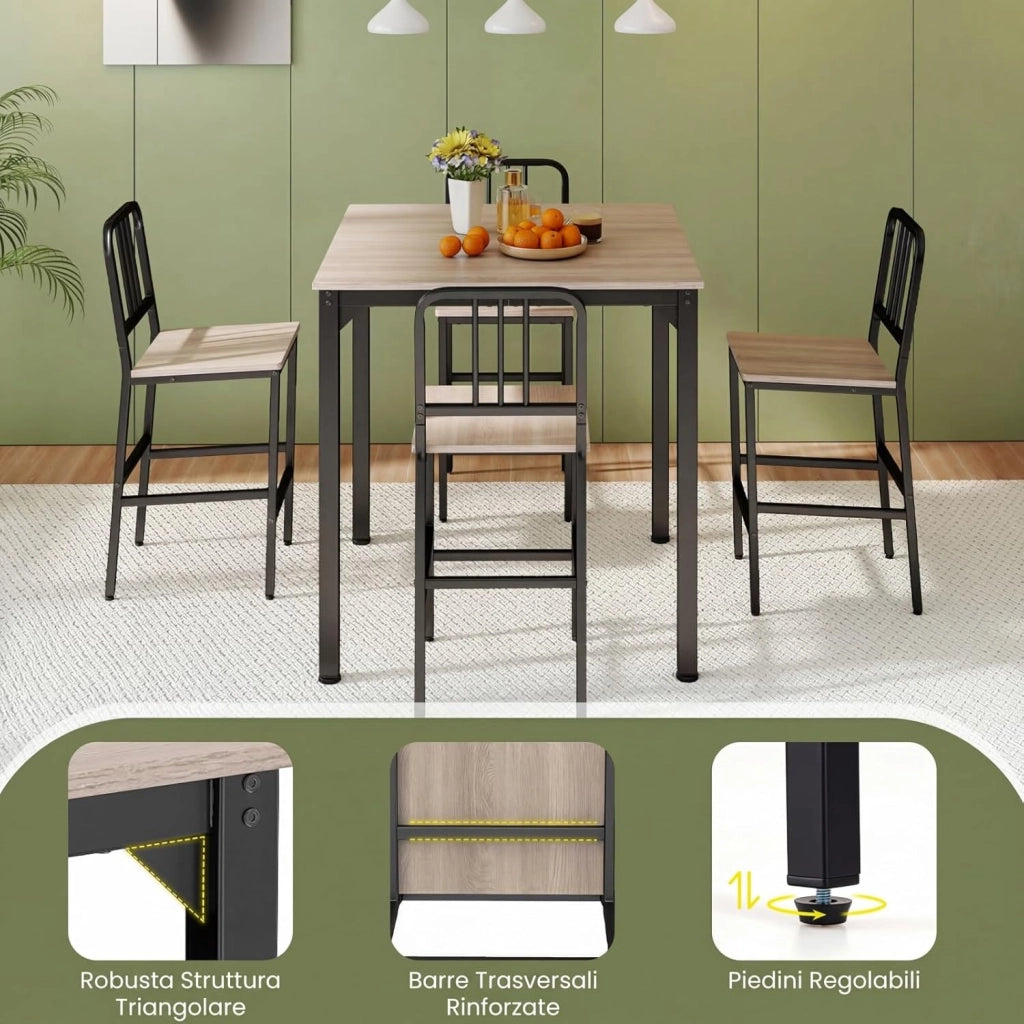 Set da Pranzo per 4 Persone, Set Cucina Bar 5 Pezzi con Superficie in Finto Marmo, Tavolo Quadrato in Legno e 4 Sgabelli Alti per Angolo Colazione e Sala da Pranzo (Grigio)