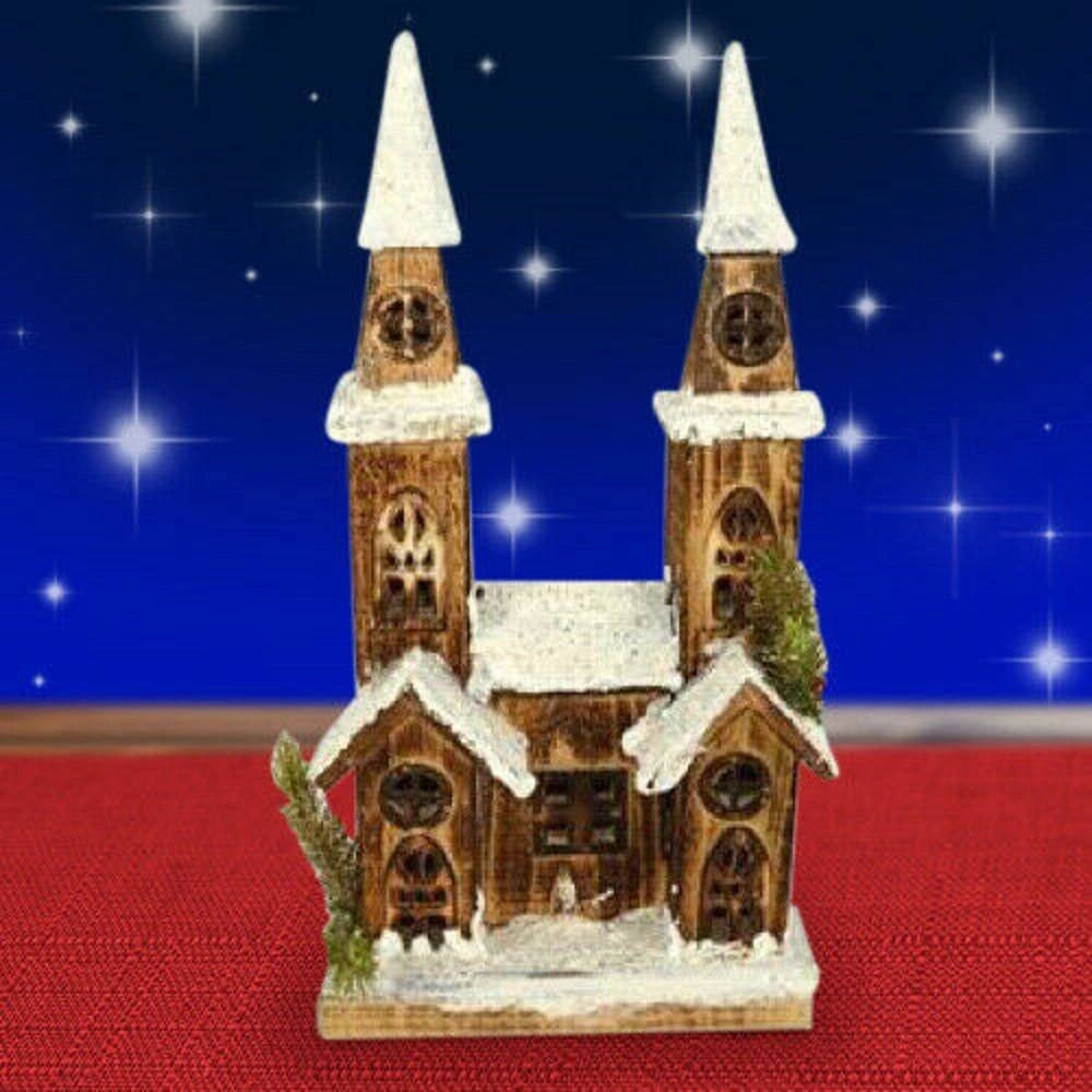 Trade Shop - Casetta Legno Innevata Luminosa Con 2 Torri Altezza 40 Cm Decorazioni Natalizie -