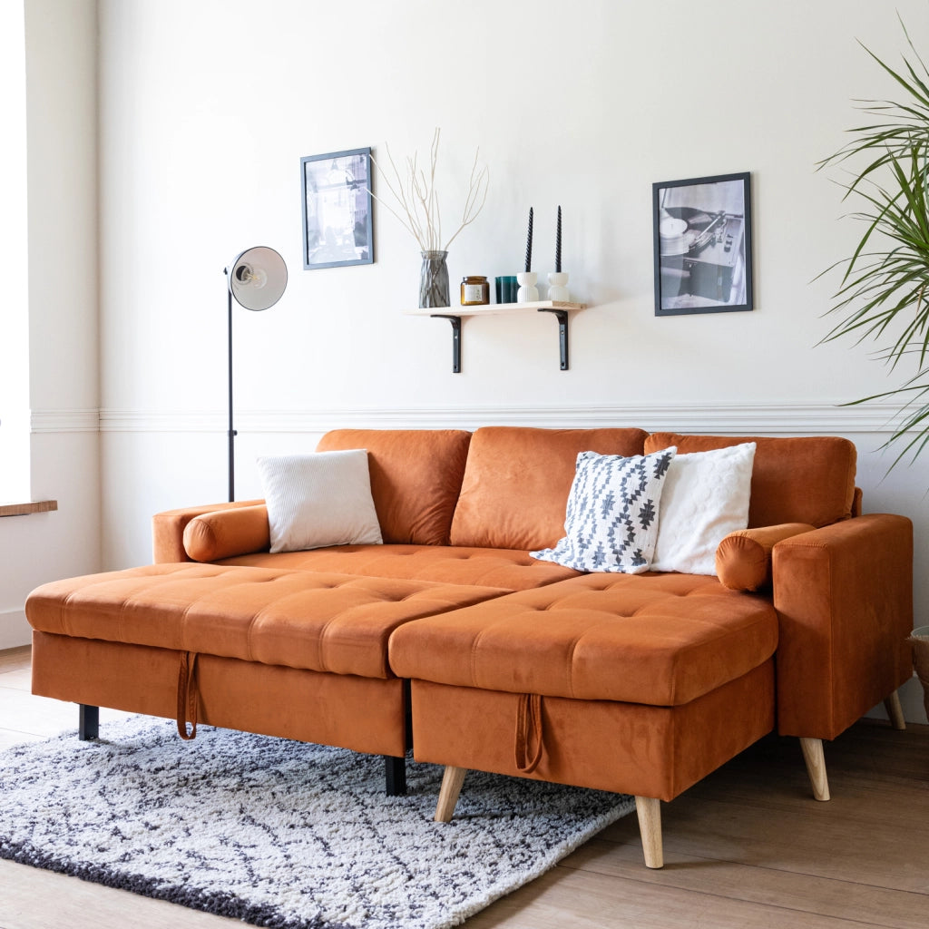 JAMESDivano letto angolare a 3 posti in velluto terracotta