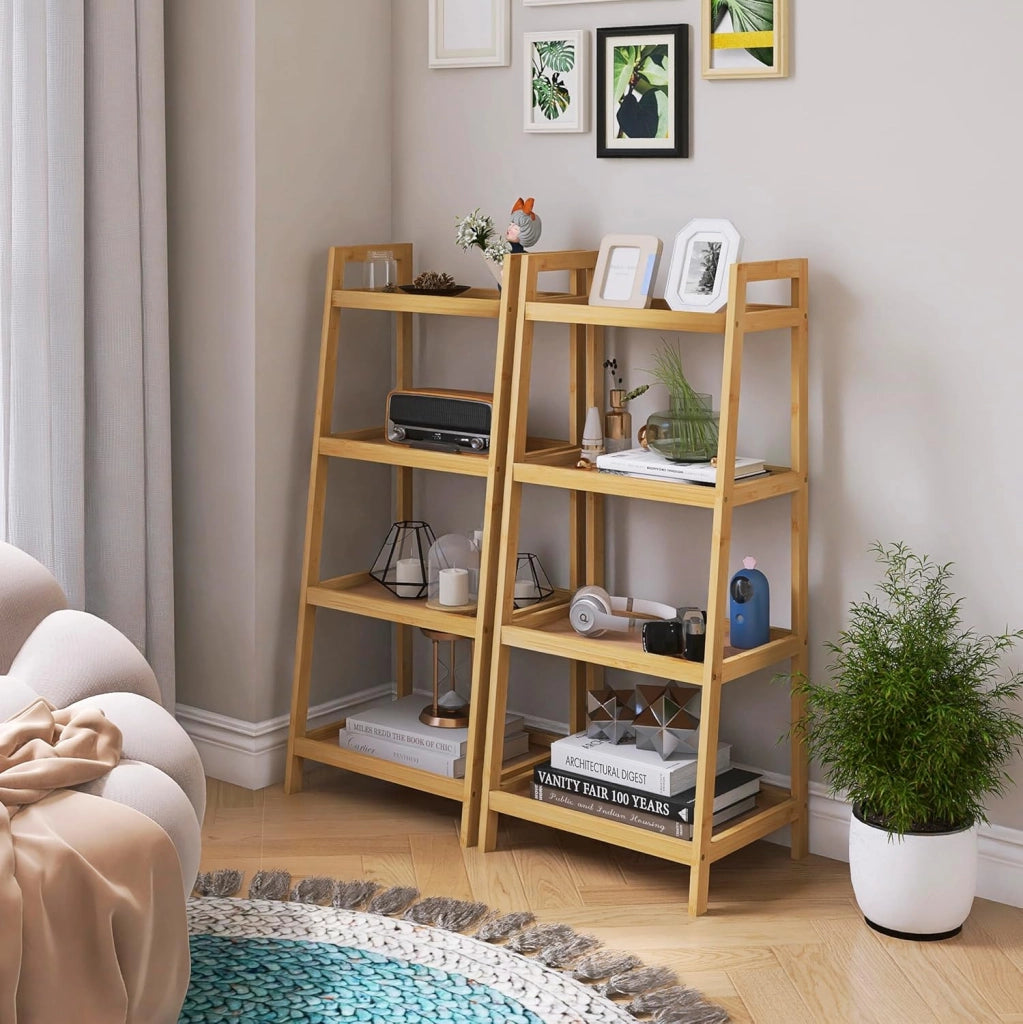 Libreria a scala in bambù, organizer per rack da bagno, espositore per piante autoportante a 4 e 5 livelli Scaffali salvaspazio per camera da letto, cucina (naturale, 4 livelli (99cm H))