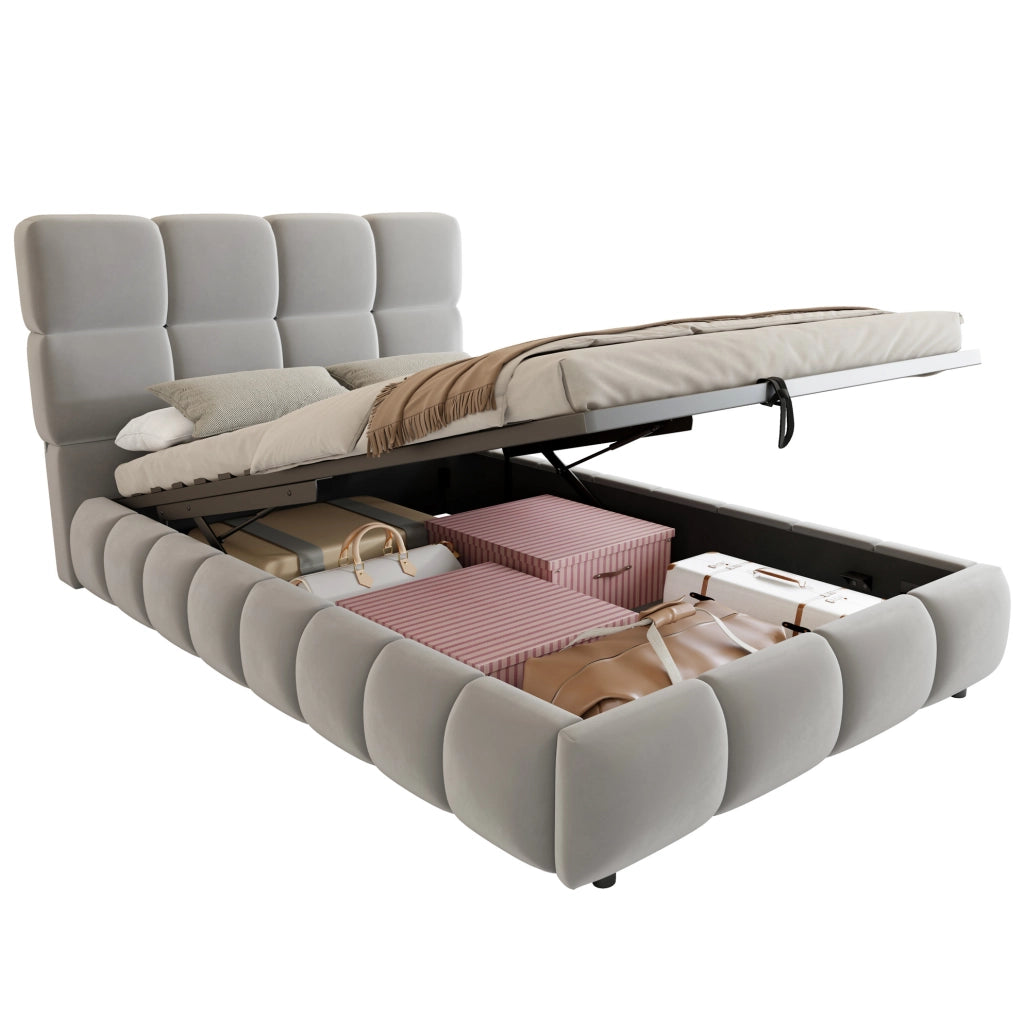 Letto imbottito in velluto grigio 90 x 200 cm con contenitore idraulico e LED