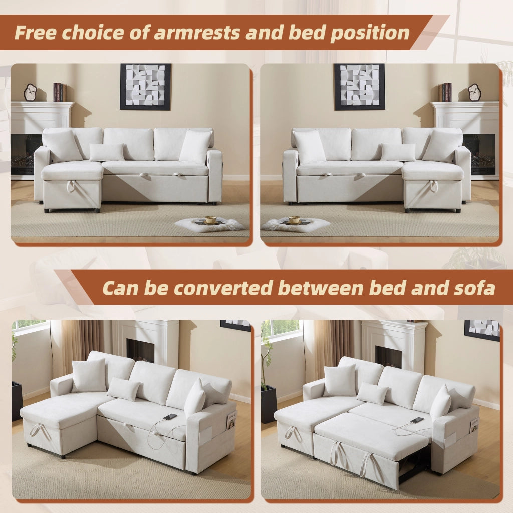 Divano angolare convertibile 4 posti con chaise longue reversibile, USB, vano contenitore e cuscini in flanella beige
