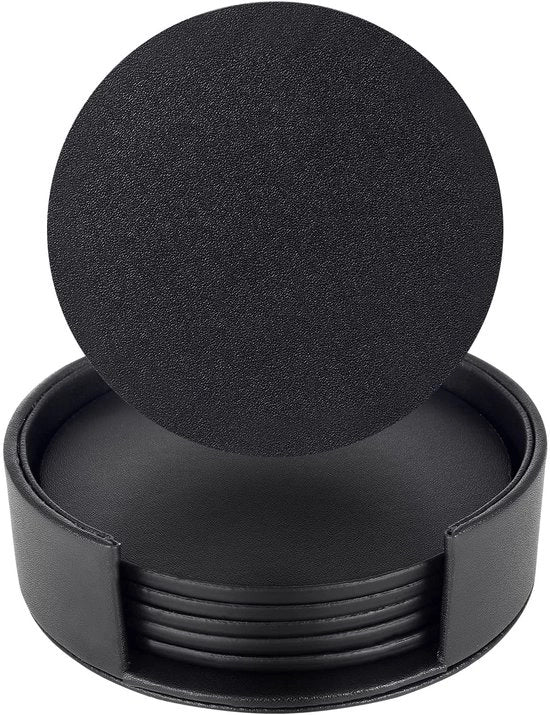 Set di supporti per bicchieri in pelle PU, neri, rotondi, con contenitore, per caffè, birra, tè, tazze, vino, pub, set di 6 pezzi