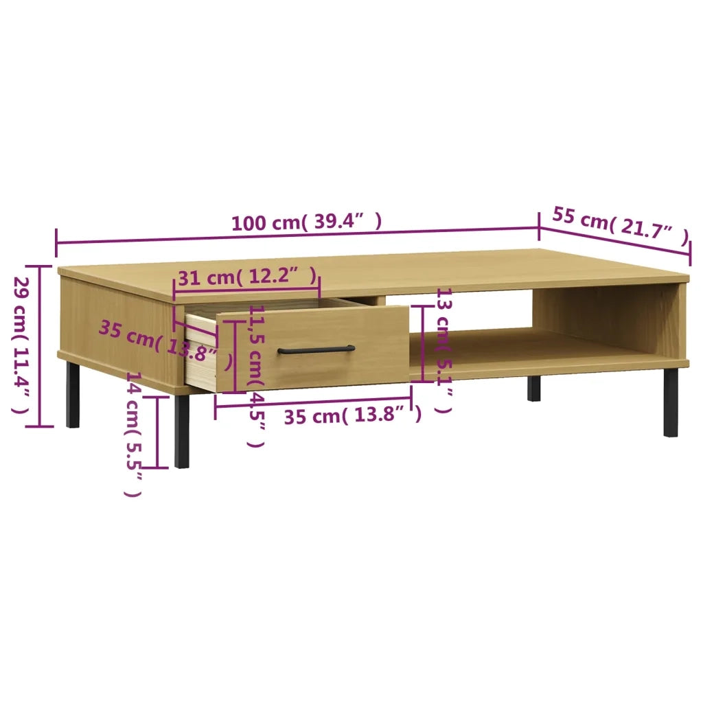 Tavolino salotto | Tavolino da caff¨¨ | Tavolino da Soggiorno Gambe Metallo Marrone Legno Massello Pino OSLO
