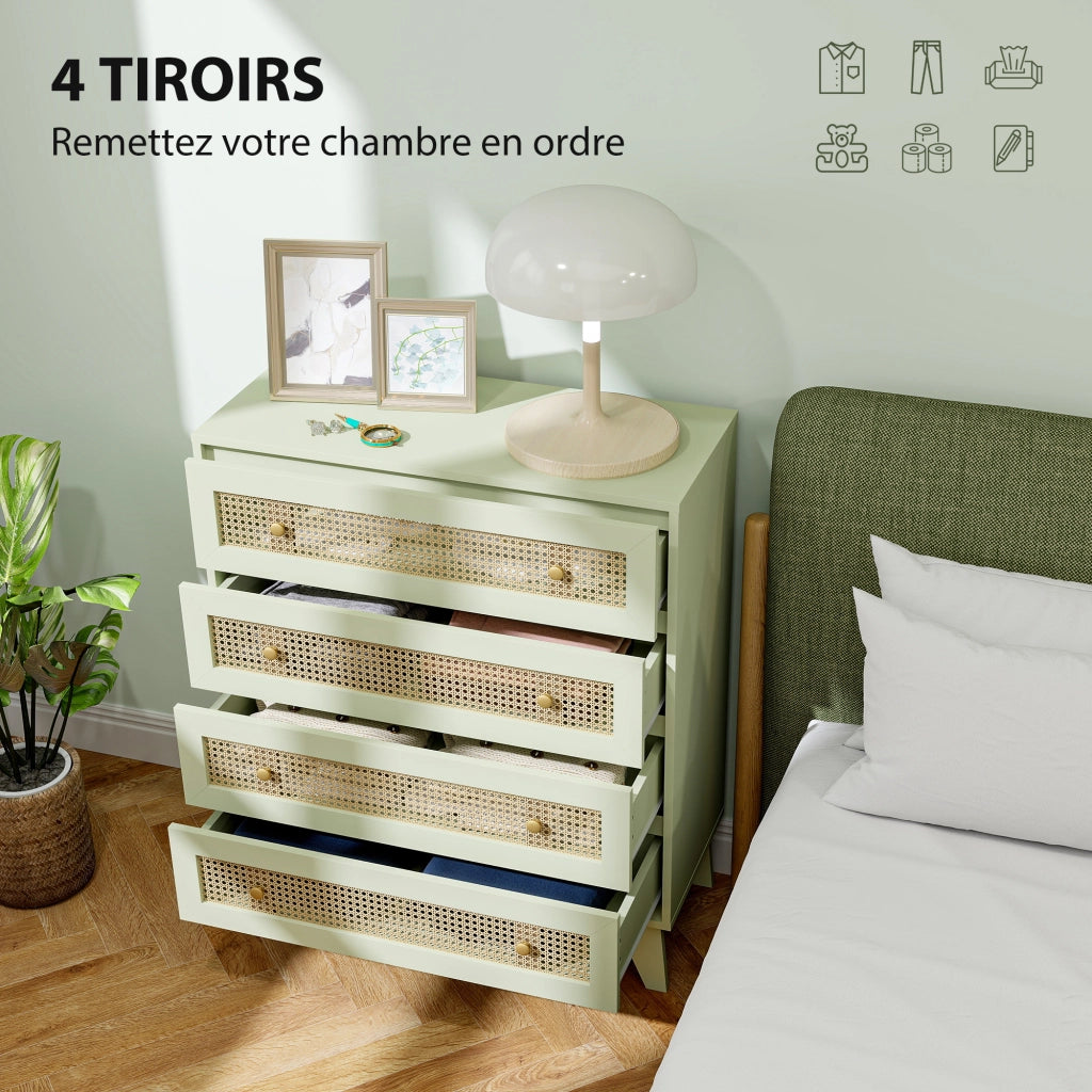 Cassettiera 4 Cassetti in Legno con Intreccio in Rattan ¨C Zephmum ¨C Effetto Legno Chiaro 80x35x95 cm Verde
