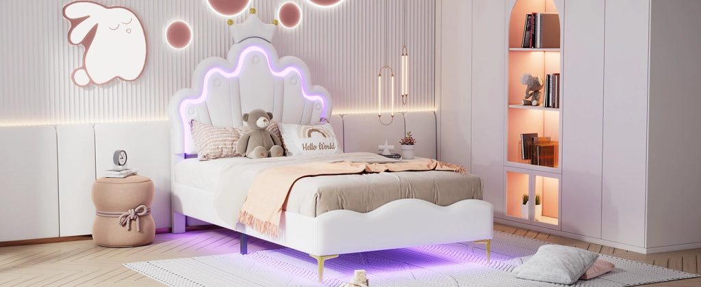 DESMIU Letto singolo 1 posto con LED regolabile e testiera regolabile 90 × 200 cm, senza materasso, bianco