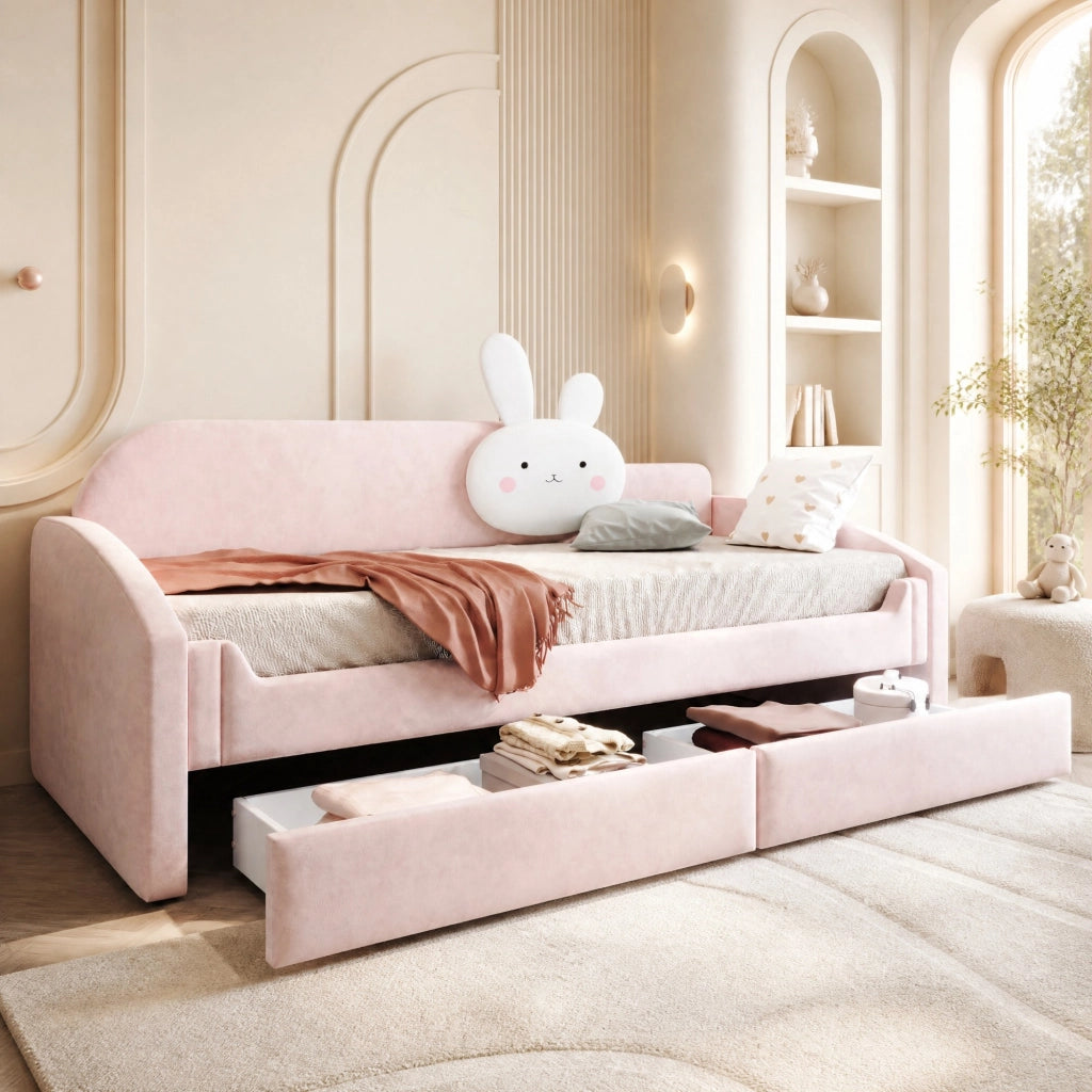 Letto per bambini 90x200 cm con 2 cassetti; LED e schienale con cuscino a coniglio; rosa
