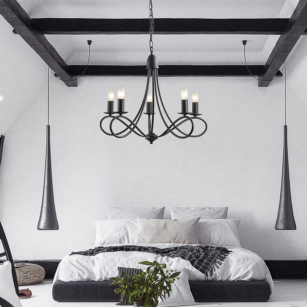 Lampadario a Soffitto Stile Rustico, Acciaio Intrecciato Nero con 5 Candelieri Regolabili e Pieghevoli §¶58 x 45cm