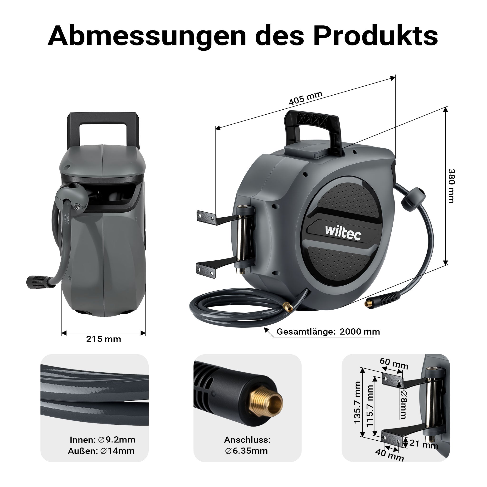 Avvolgitubo automatico per aria compressa 20 m, avvolgitubo in acciaio, 17 bar, con supporto girevole a 180°