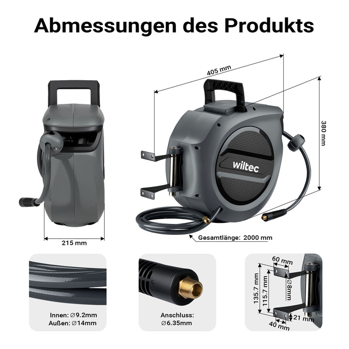 Avvolgitubo automatico per aria compressa 20 m, avvolgitubo in acciaio, 17 bar, con supporto girevole a 180°