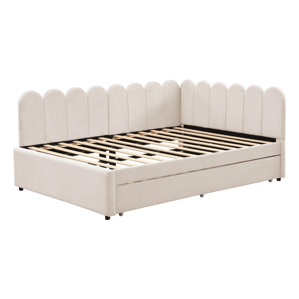 Letto matrimoniale 140×200 cm imbottito con letto estraibile; velluto beige; senza materasso