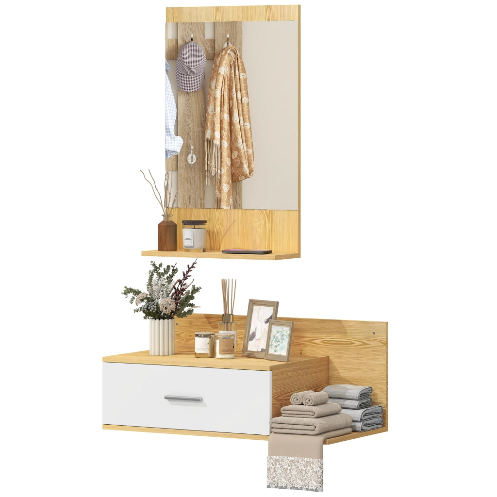 Set da Ingresso con Specchio con Mensola e Mobiletto a Parete con Cassetto e 2 Ripiani Aperti, in Legno e Vetro